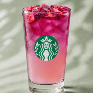 Starbucks Cannon Ball Drink with strawberry and dragonfruit pieces