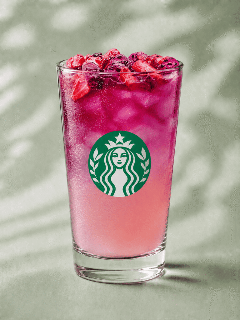 Starbucks Cannon Ball Drink with strawberry and dragonfruit pieces