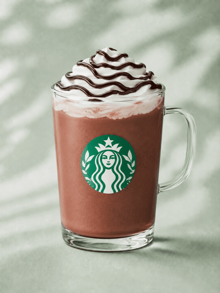 Starbucks Hot Chocolate with whipped cream and chocolate drizzle