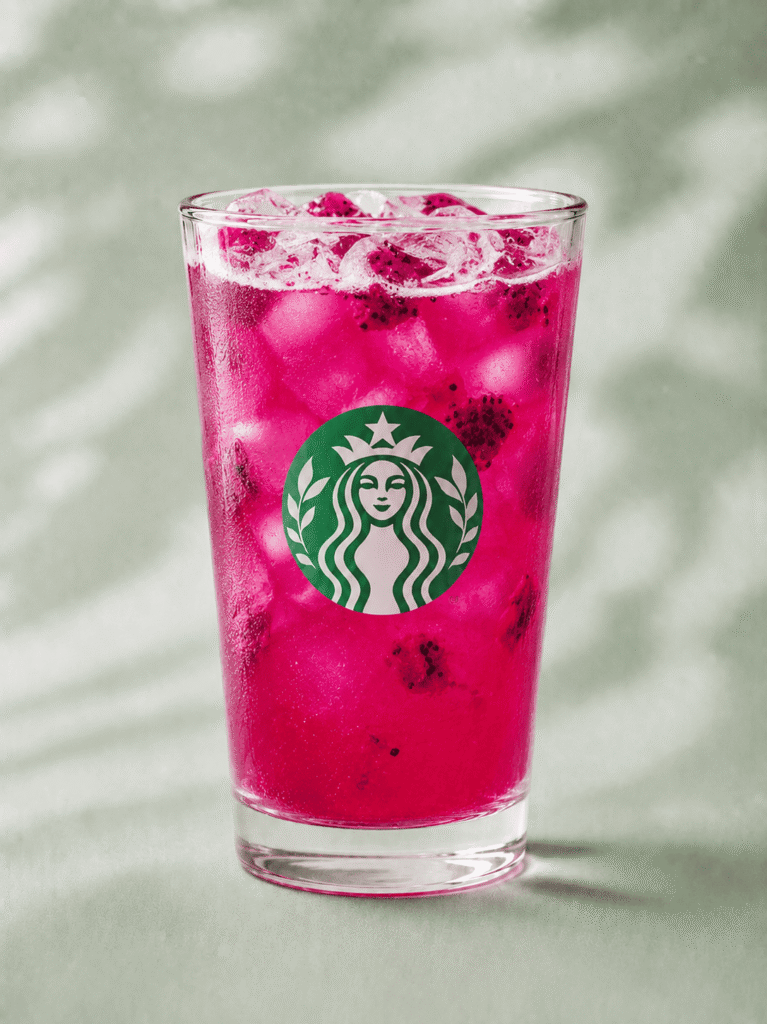 Starbucks Mango Dragonfruit Energy Refresher with dragonfruit pieces