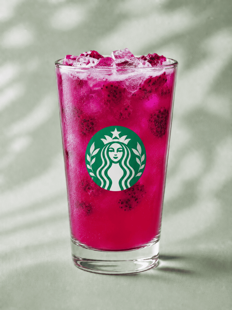 Starbucks Mango Dragonfruit Lemonade Refresher with dragonfruit pieces