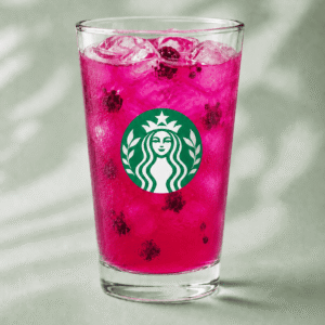 Starbucks Mango Dragonfruit Refresher with dragonfruit pieces