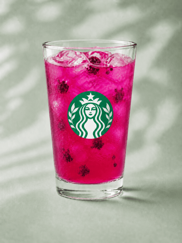 Starbucks Mango Dragonfruit Refresher with dragonfruit pieces