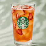 Starbucks Mango Strawberry Energy Refresher with strawberry pieces