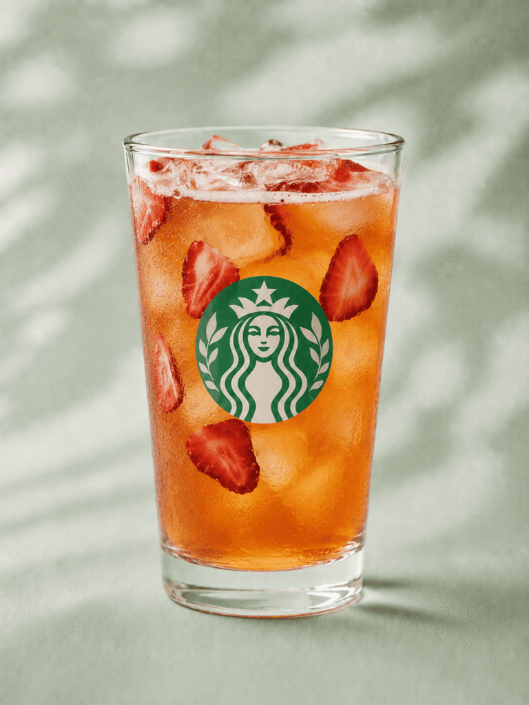 Starbucks Mango Strawberry Energy Refresher with strawberry pieces
