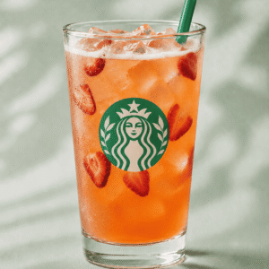 Starbucks Mango Strawberry Lemonade Energy Refresher with strawberry pieces