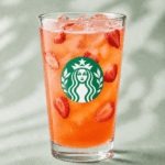 Starbucks Mango Strawberry Lemonade Refresher with strawberry pieces