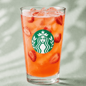 Starbucks Mango Strawberry Lemonade Refresher with strawberry pieces