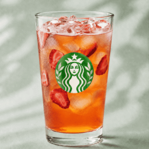 Starbucks Mango Strawberry Refresher with strawberry pieces