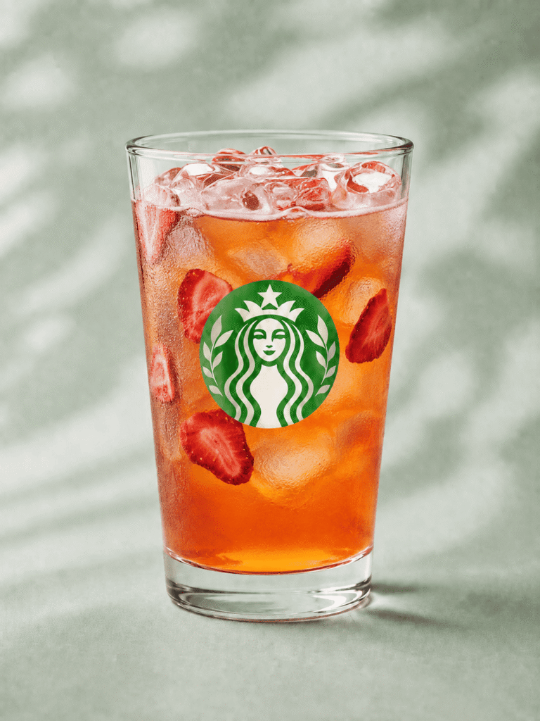 Starbucks Mango Strawberry Refresher with strawberry pieces