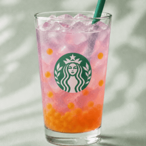 Starbucks Passionfruit Guava Lemonade Energy Refresher with fruity pearls