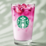 Starbucks Pink Cannon Ball Drink with coconutmilk and fruit pieces