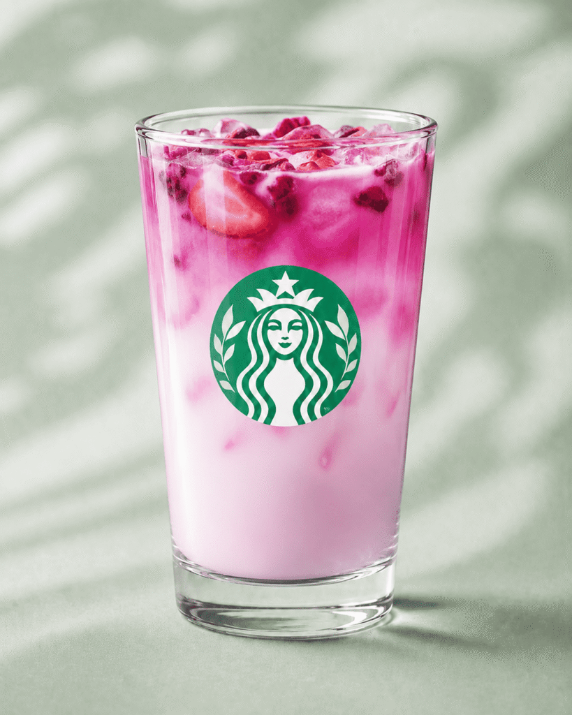 Starbucks Pink Cannon Ball Drink with coconutmilk and fruit pieces
